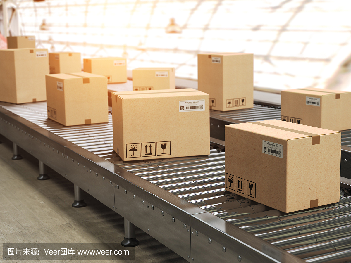 输送带线与纸板箱在一起,在配送仓库中,有配送、仓储、运输的服务理念。